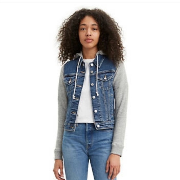 LEVI'S Legacy Hybrid Trucker Denim/Sweatshirt Sleeve Hooded Jacket Size Medium - Picture 1 of 7